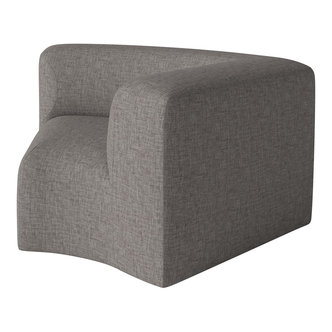 Gray upholstered corner chair with a textured fabric pattern for modern decor.