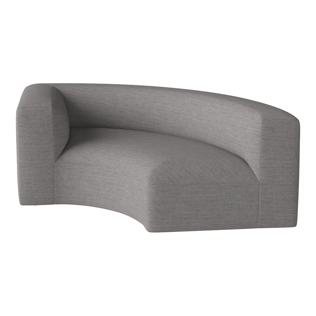 Curved sofa in a chic, light gray fabric with a subtle textured pattern for modern living spaces.