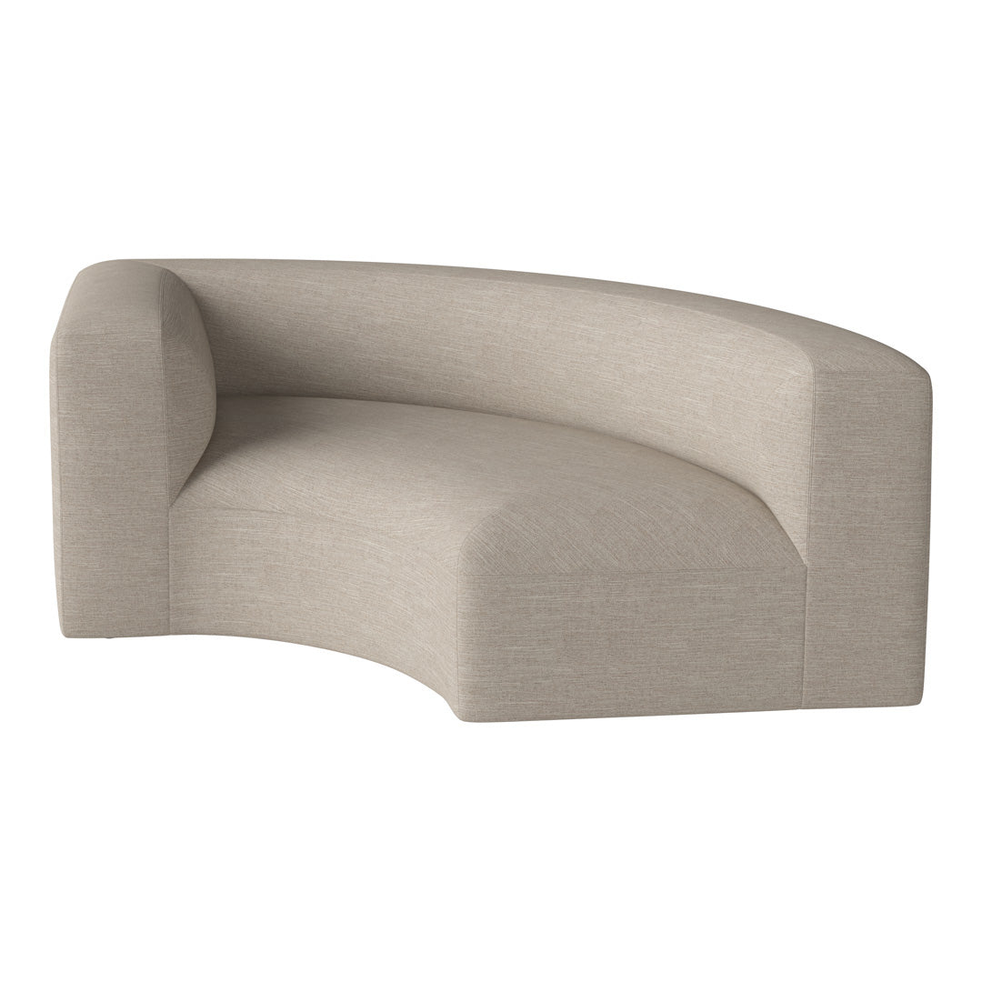 Beige curved sofa with a soft, textured fabric and minimalist design, perfect for modern interiors.