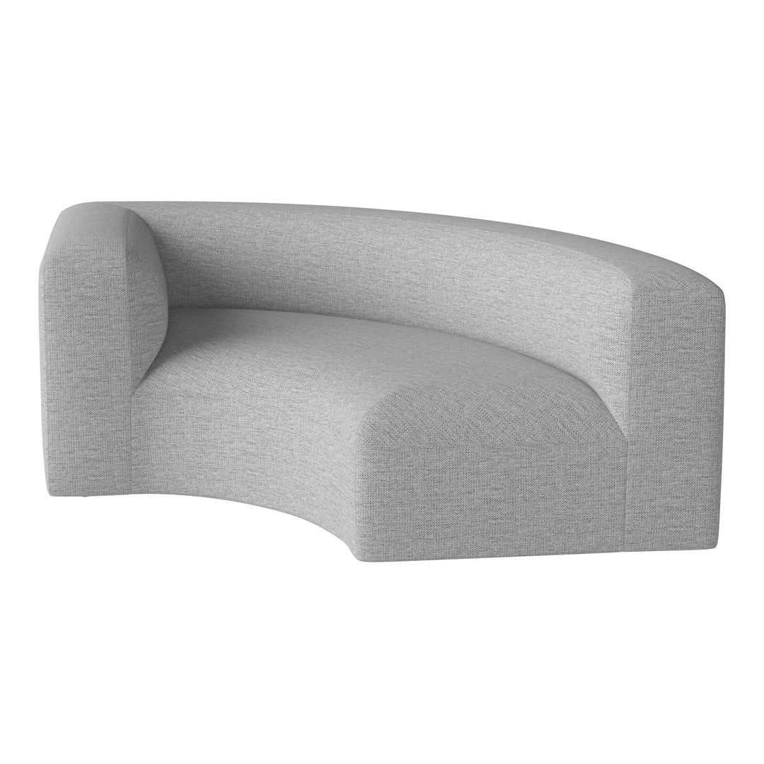 Curved grey sofa with a textured fabric pattern, perfect for modern living spaces.
