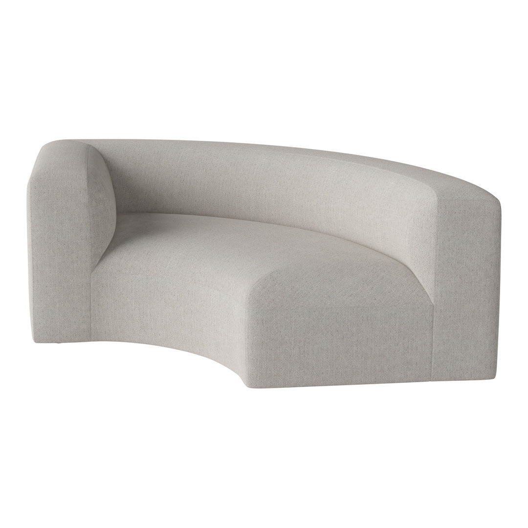 Light gray, curved sofa with a textured, soft fabric, ideal for modern living spaces.