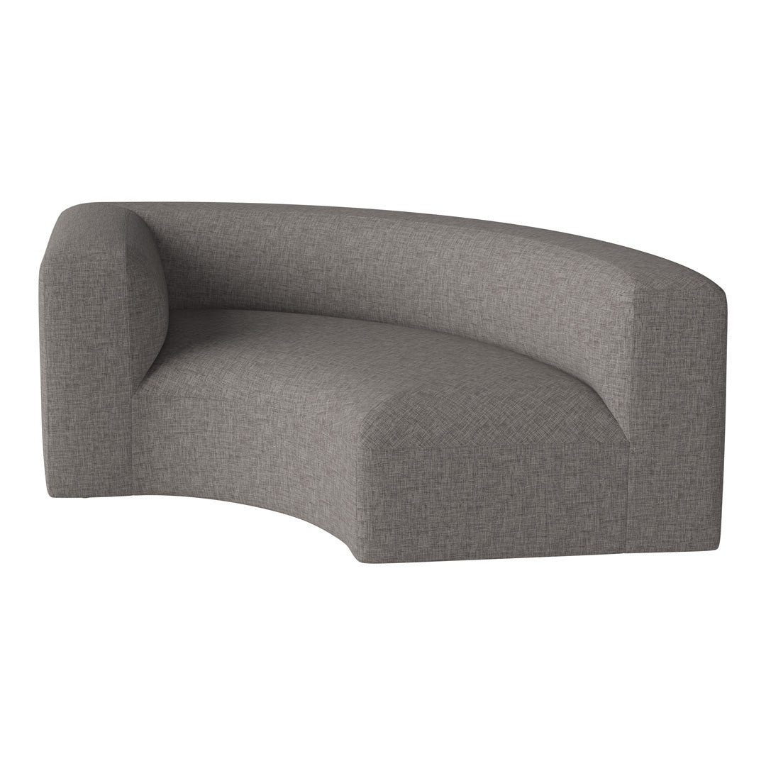 Curved sofa in textured light gray upholstery, featuring a minimalist design without prominent patterns.