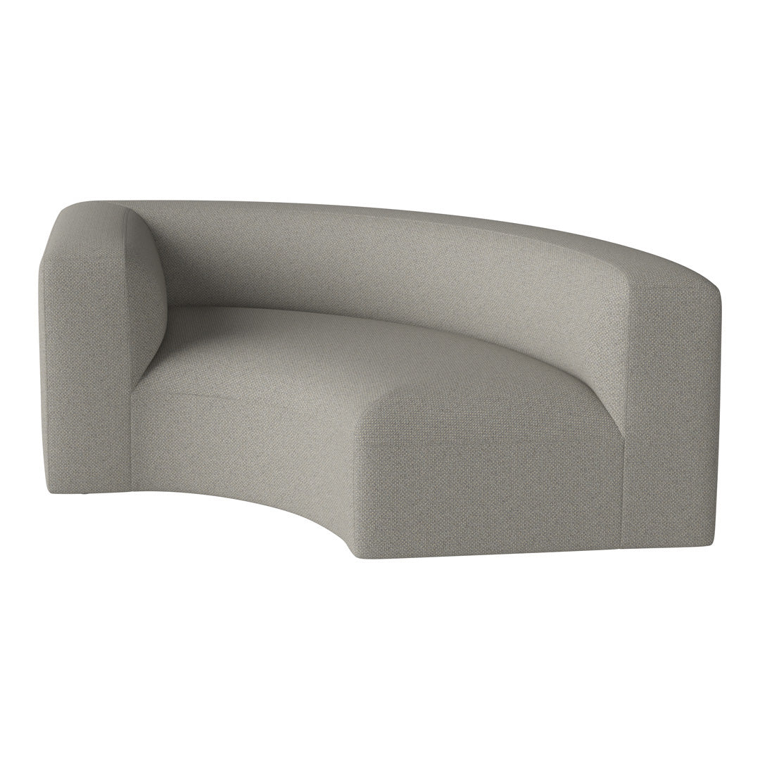 Curved sofa in soft light gray fabric with subtle textured pattern for modern interiors.