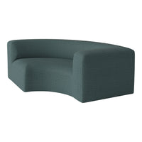 Teal curved sofa with a textured fabric pattern, adding a modern touch to any living space.