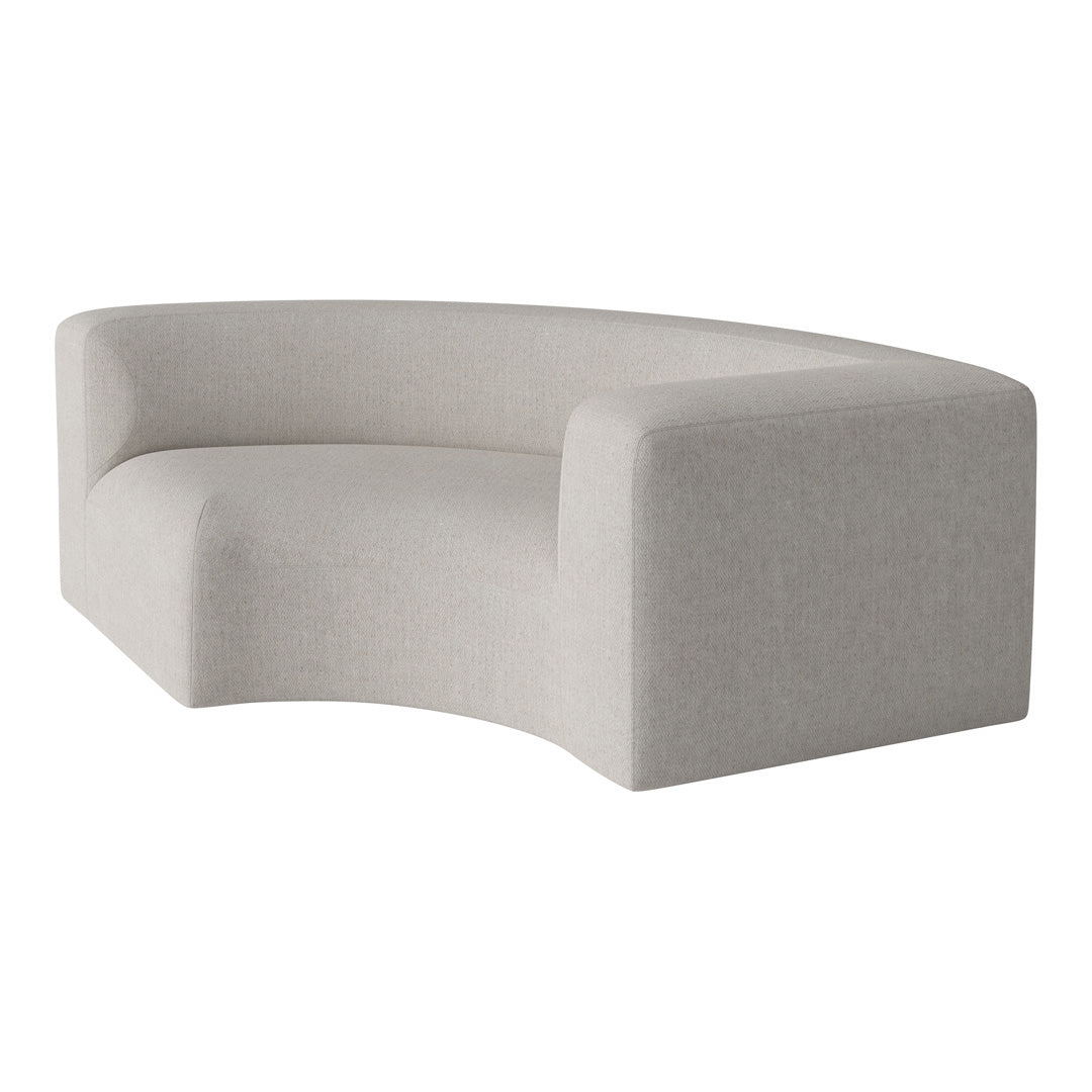 Curved light gray sofa with a smooth, textured fabric and minimalist design, perfect for modern interiors.