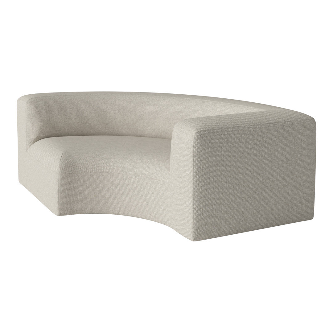 Curved sofa in a light beige color with a subtle textured pattern, perfect for modern interiors.
