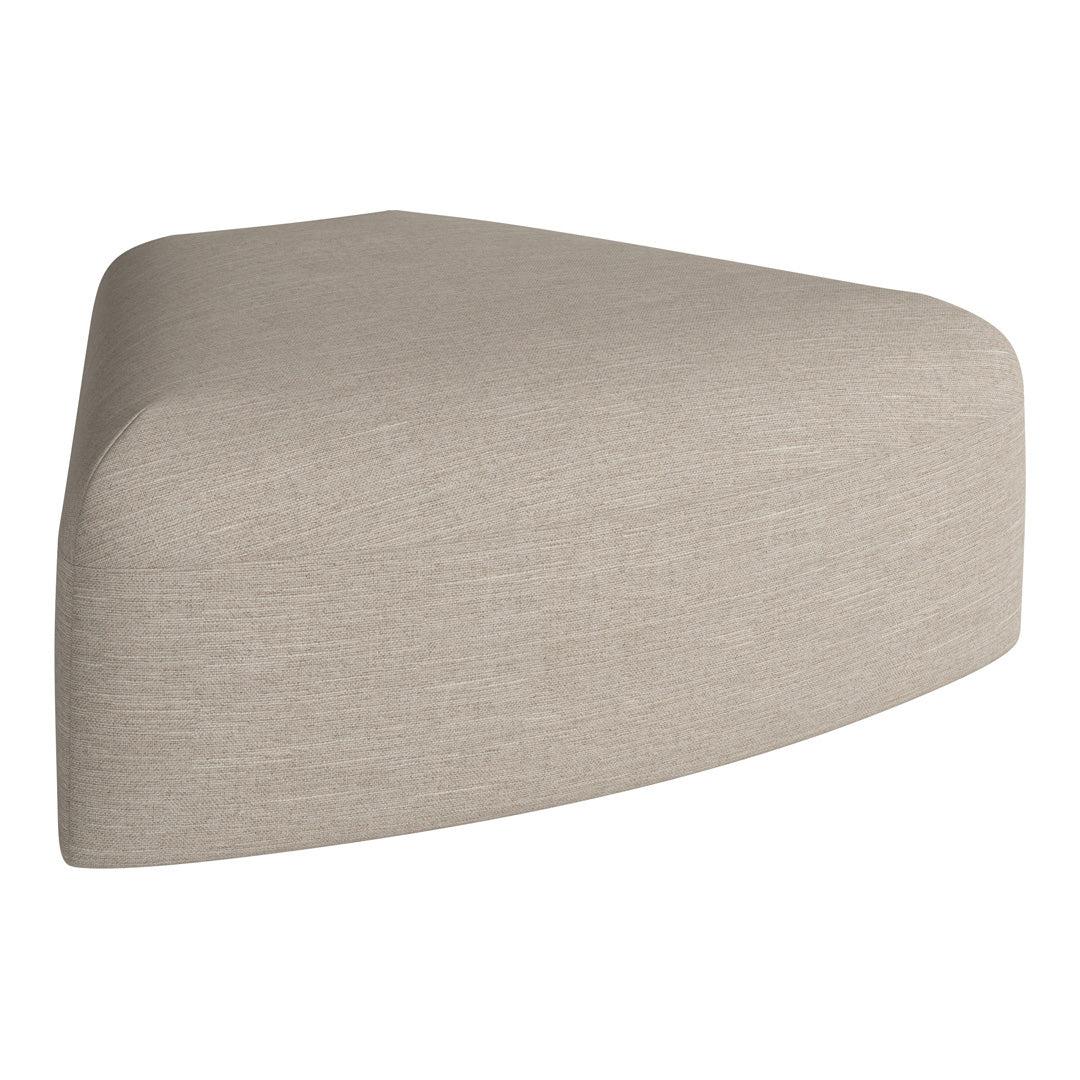 Beige triangular ottoman in a textured fabric, featuring a minimalist design and soft, neutral tones.