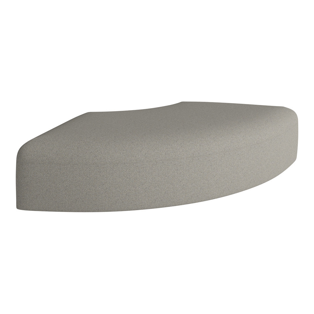 Curved cushion in light gray fabric with subtle textured pattern for modern decor.