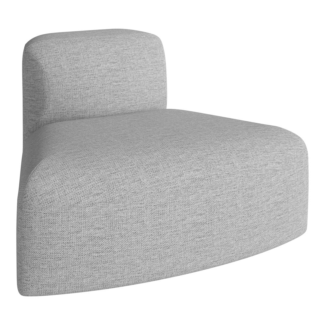 Gray upholstered chair with a textured pattern, featuring a modern, curved design for stylish seating.