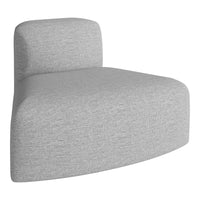 Gray upholstered chair with a textured pattern, featuring a modern, curved design for stylish seating.