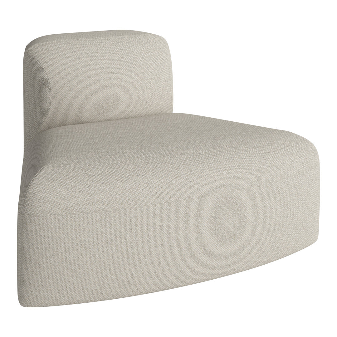 Beige curved chair with a subtle textured weave for modern indoor decor. 
