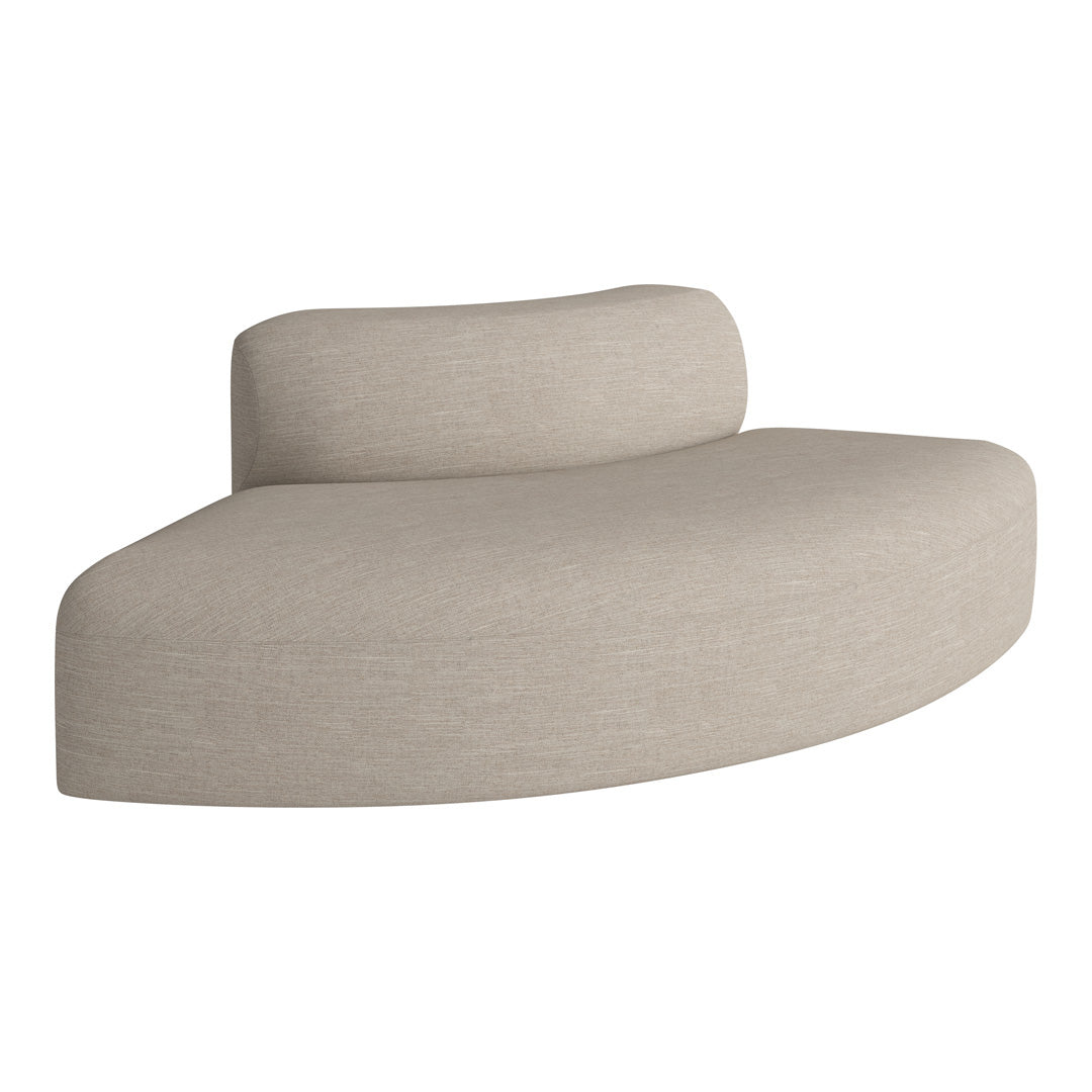 Curved sofa in a soft beige fabric with a subtle textured pattern. Perfect for modern living spaces.