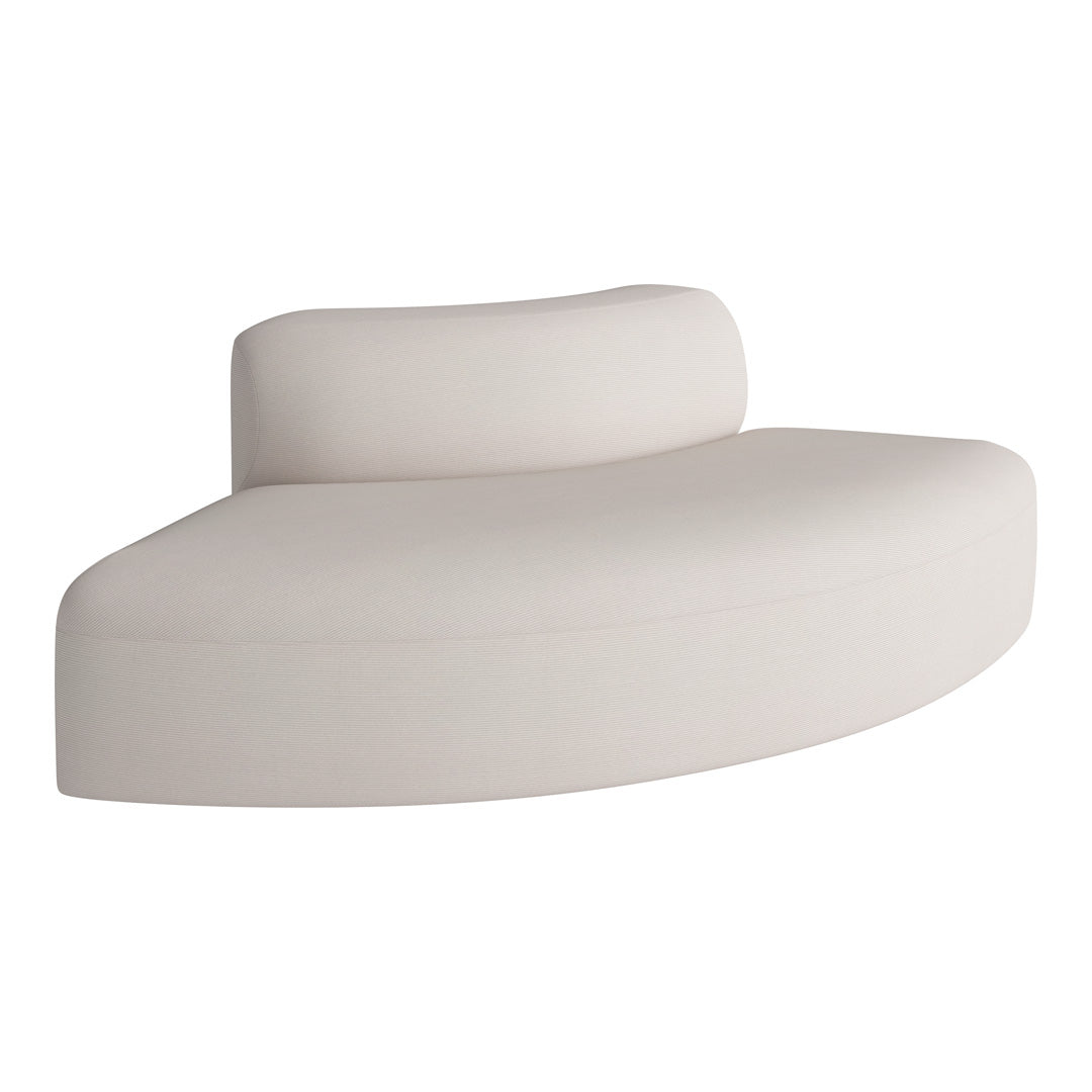 Curved, modern sofa in a soft, neutral cream color with a subtle texture pattern. Ideal for minimalist decor.