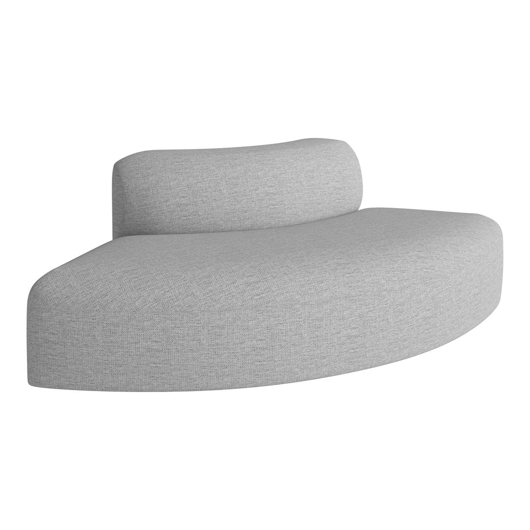 Curved sofa in soft, light gray fabric with a subtle textured pattern, perfect for modern living spaces.