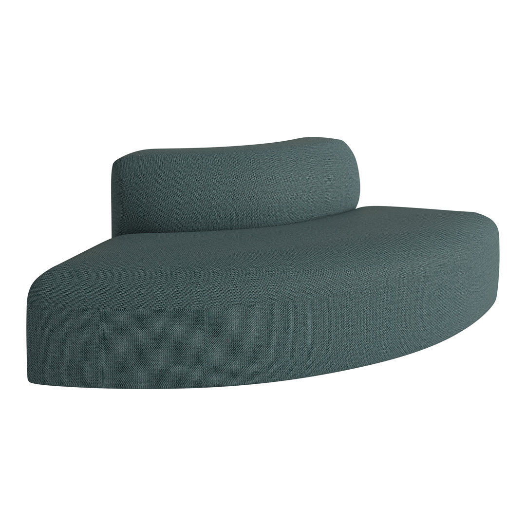 Curved sofa upholstered in textured teal fabric with a smooth, modern design. Ideal for contemporary decor.