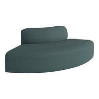 Curved sofa upholstered in textured teal fabric with a smooth, modern design. Ideal for contemporary decor.