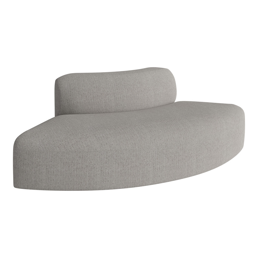 Curved sofa in soft light gray fabric with a subtle heathered pattern, perfect for modern interiors.