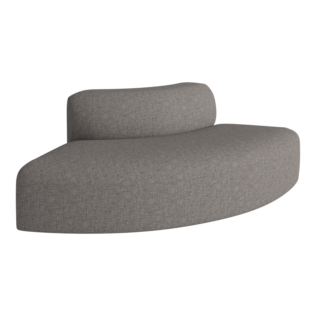 Soft gray fabric sofa with a smooth, curved design and subtle textured pattern for modern elegance.