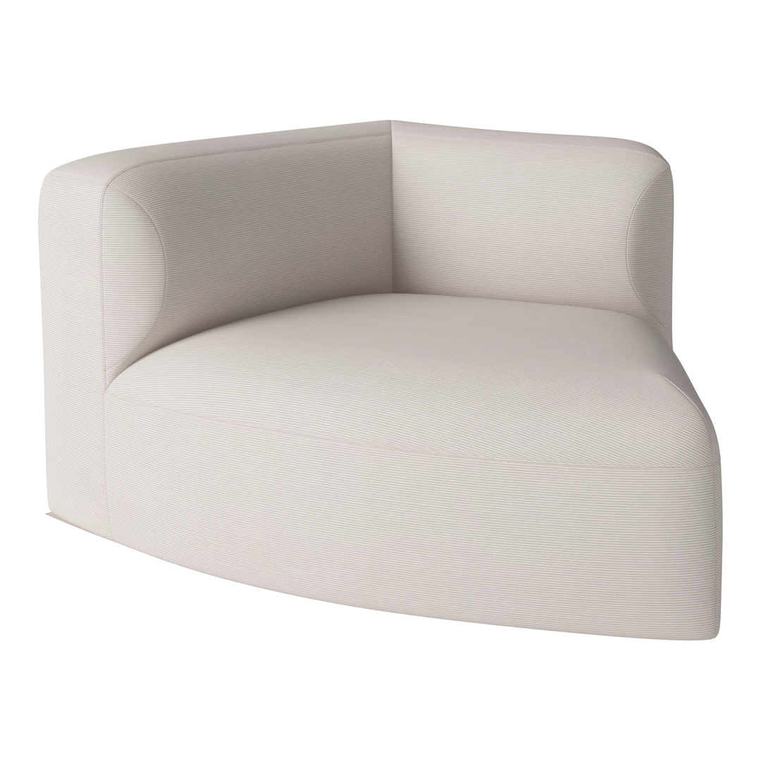 Beige corner chair with subtle striped pattern, featuring a modern, curved design for a sleek look.