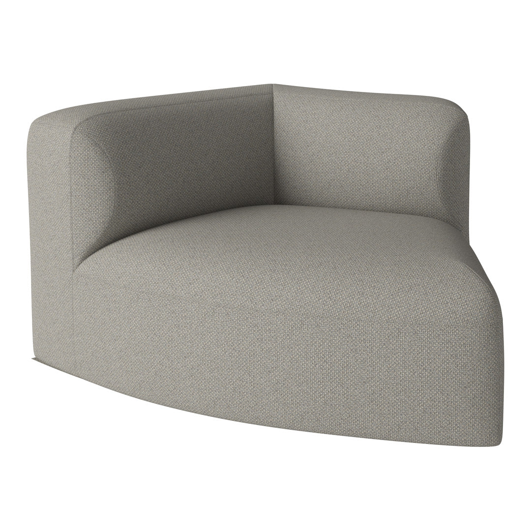 Gray upholstered corner sofa with a textured pattern, featuring smooth, curved edges for a modern look.
