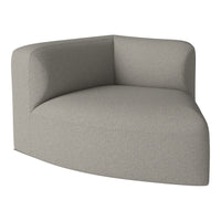 Gray upholstered corner sofa with a textured pattern, featuring smooth, curved edges for a modern look.