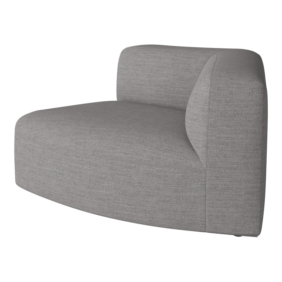 Stylish curved gray lounge chair with a soft textured pattern, perfect for modern interiors.