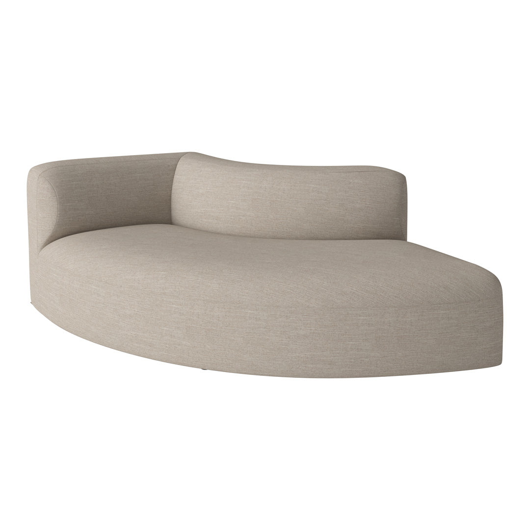 Curved beige sofa with a textured fabric surface, offering a minimalist and contemporary look.