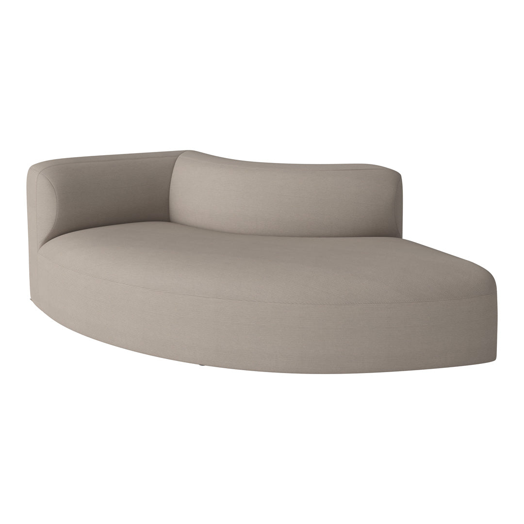 Light taupe curved sofa with subtle texture, featuring a smooth, modern design and minimalist aesthetic.