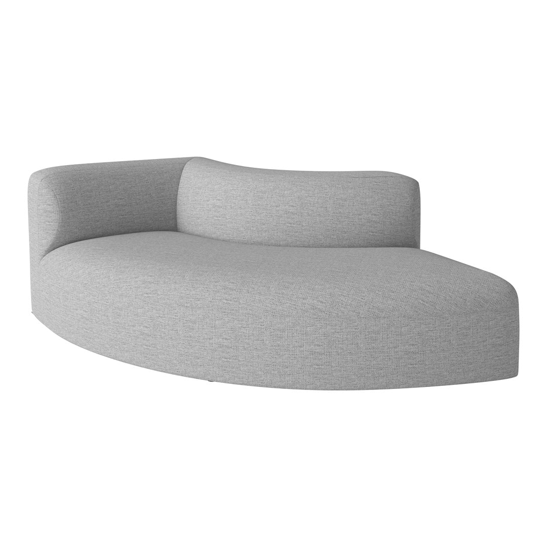 Stylish curved sofa in a soft, light gray fabric with a subtle textured pattern. Perfect for modern decor.