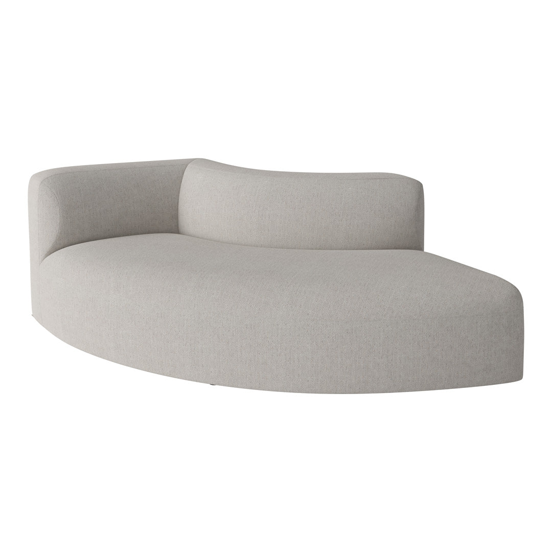 Curved sofa in a soft light gray fabric with a smooth, minimalist design. Perfect for modern interiors.