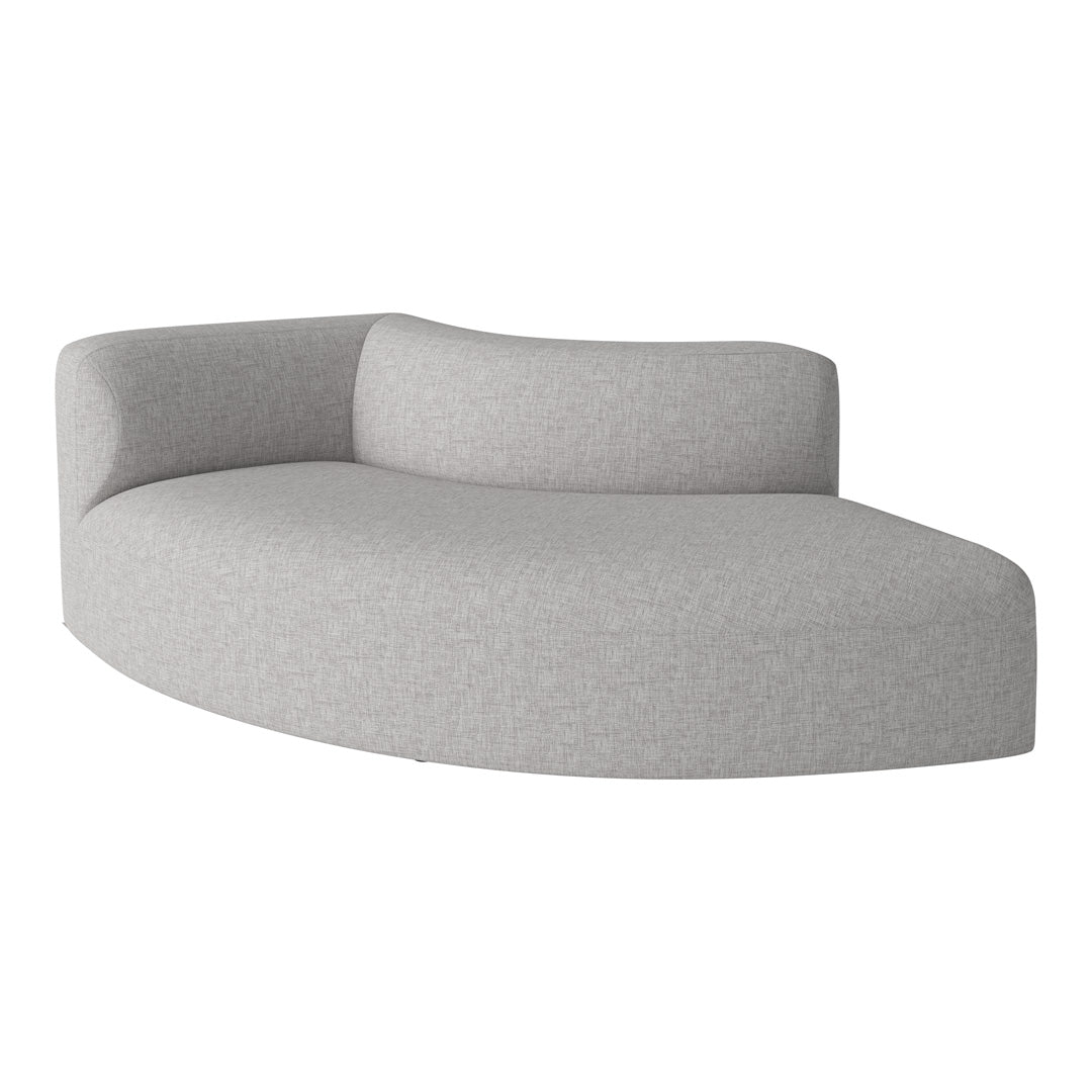 Curved light gray sofa with a textured fabric pattern, offering a modern and sleek design for any living space.
