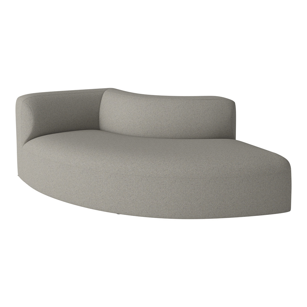Curved couch in soft grey fabric featuring a subtle woven pattern for a modern touch. Perfect for contemporary interiors.