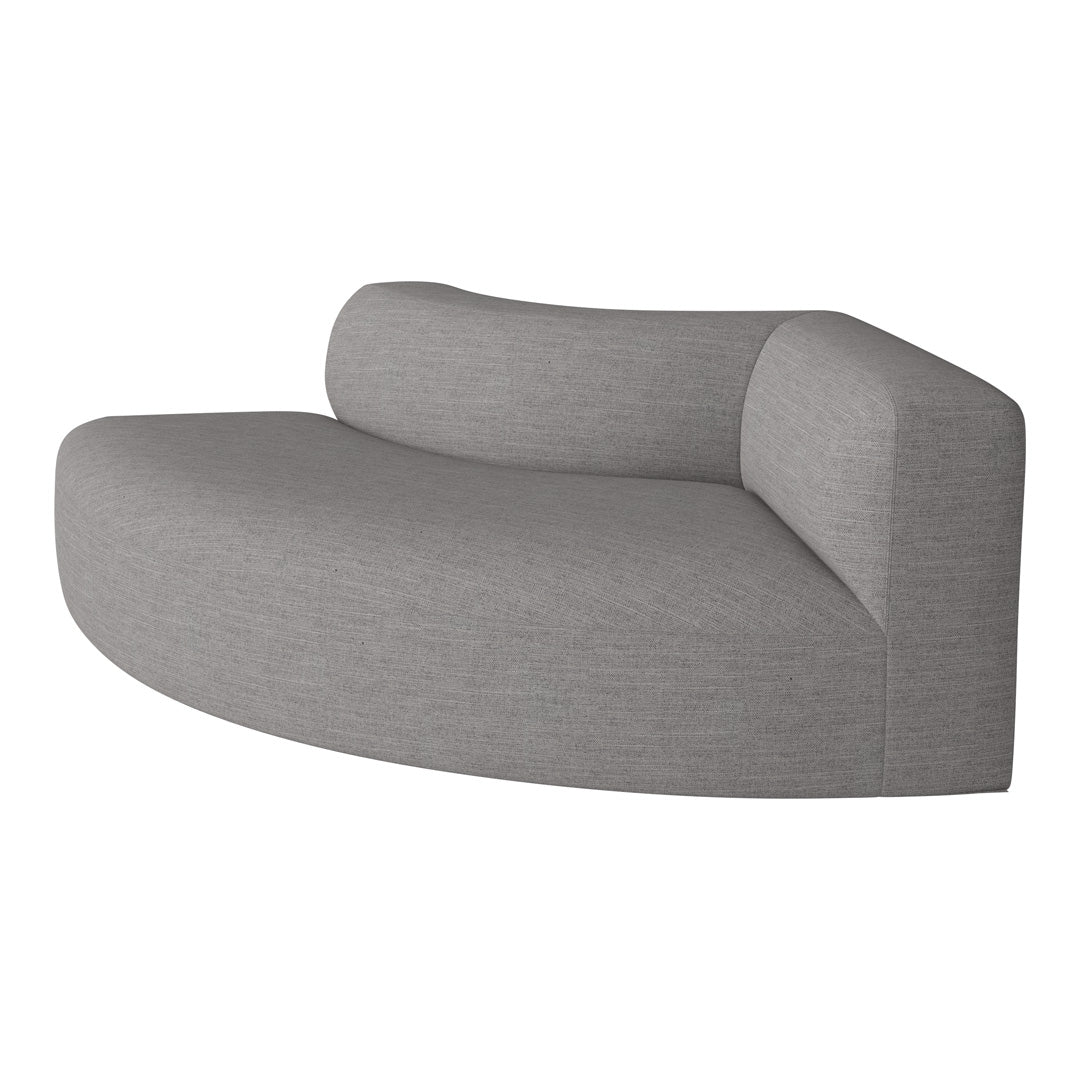 Curved gray sofa with a soft, textured fabric and minimalist design, perfect for modern interiors.