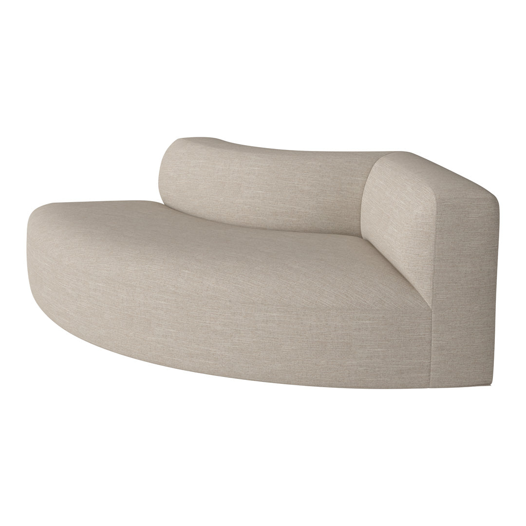 Curved beige sofa with a textured fabric, featuring a minimalist and contemporary design. Ideal for modern interiors.
