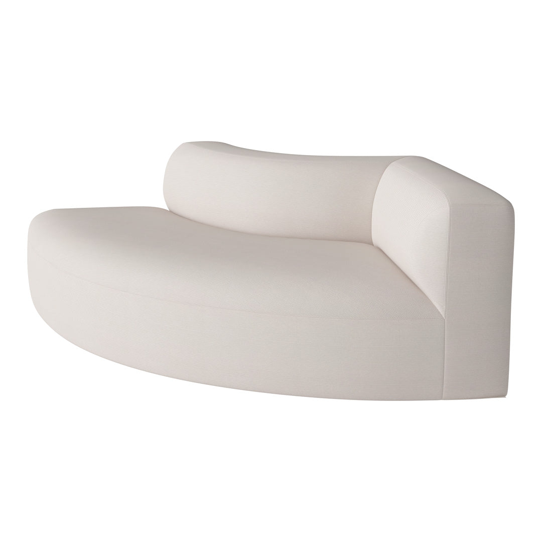 Curved contemporary sofa in soft beige upholstery with a subtle textured pattern, perfect for modern interiors.
