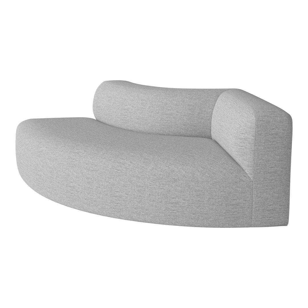 Curved gray sofa with a textured fabric, showcasing a soft, modern design perfect for contemporary spaces.