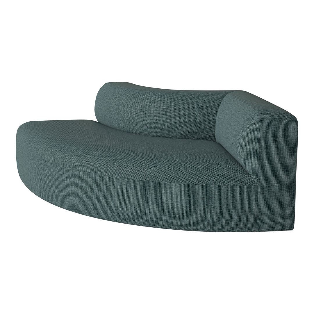 Curved teal sofa with a textured fabric, featuring a subtle pattern for modern elegance and comfort.