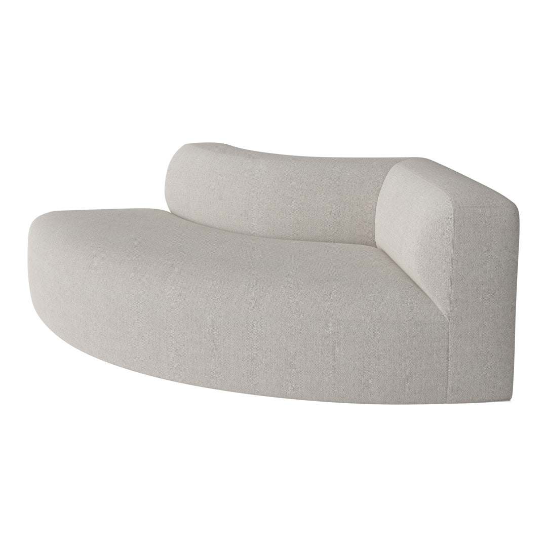 Light beige curved sofa with a textured fabric, featuring a minimalist design and soft, subtle patterns.