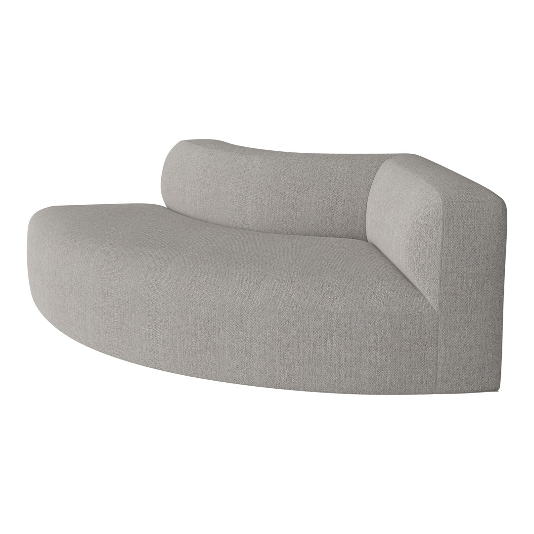 Curved gray sofa with a soft, textured fabric and minimalistic design, perfect for modern living spaces.