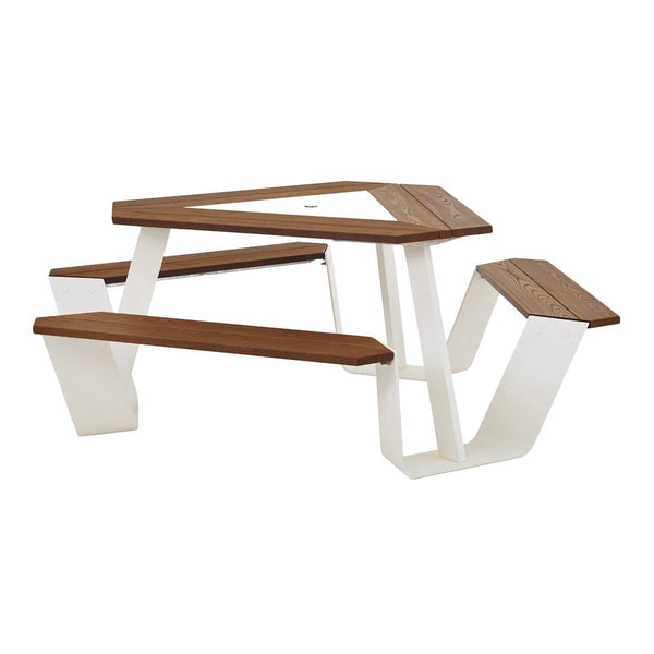 Brown wooden top with white geometric base picnic table, featuring a modern design and triangular pattern.