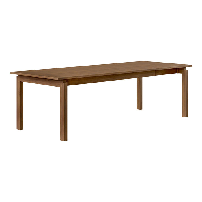 Stylish rectangular dining table in warm brown finish, featuring a smooth surface and minimalistic design.