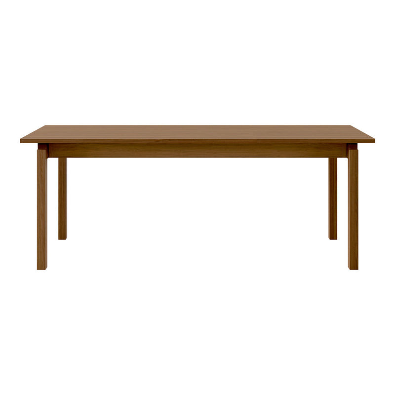 Wooden dining table in warm brown finish with a simple, clean design. Perfect for modern dining spaces.