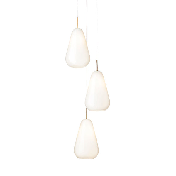 Three modern pendant lights with smooth white glass shades and sleek gold accents, perfect for contemporary decor.