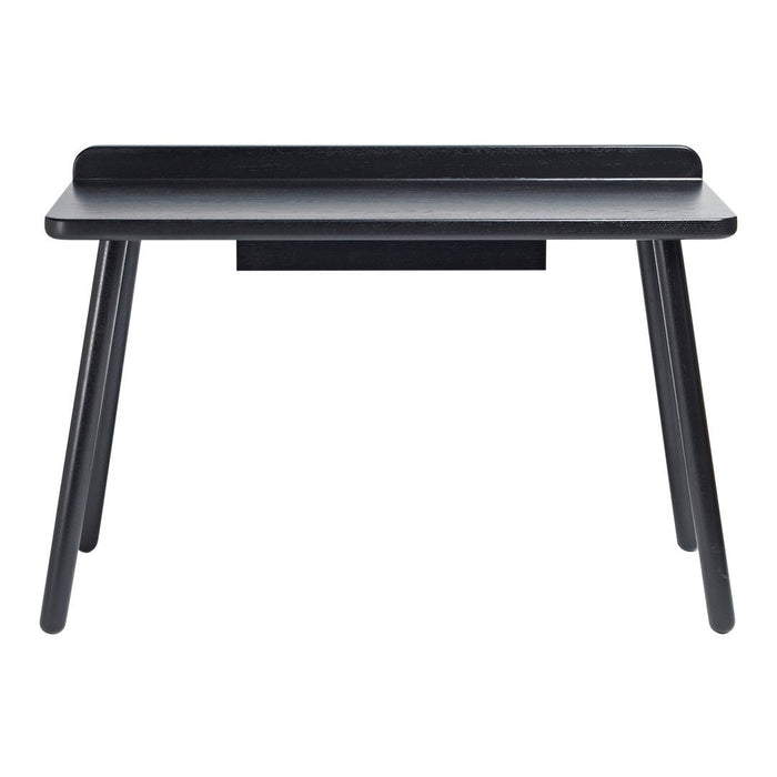 Black minimalist desk with smooth finish and simple, sleek lines. Modern design perfect for any workspace.