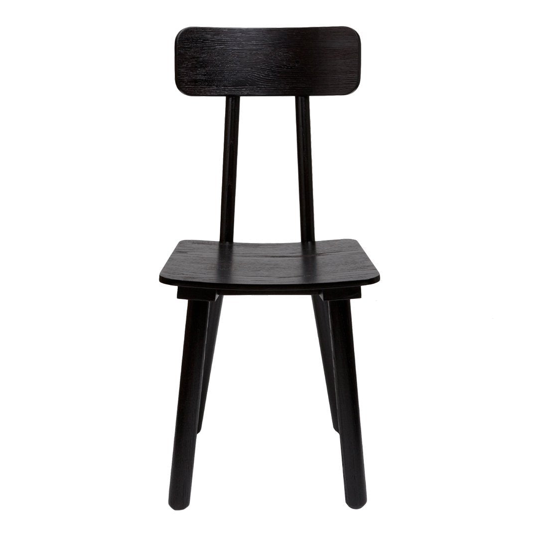 Black wooden chair with a simple, sleek design and smooth finish, featuring a solid backrest and legs.