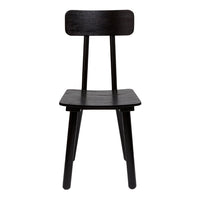 Black wooden chair with a simple, sleek design and smooth finish, featuring a solid backrest and legs.