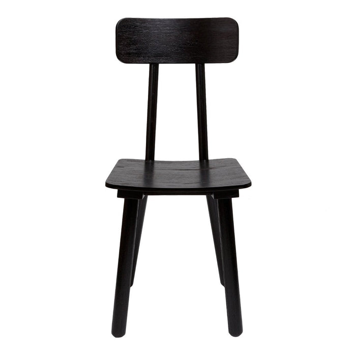 Black wooden chair with a simple, sleek design and smooth finish, featuring a solid backrest and legs.
