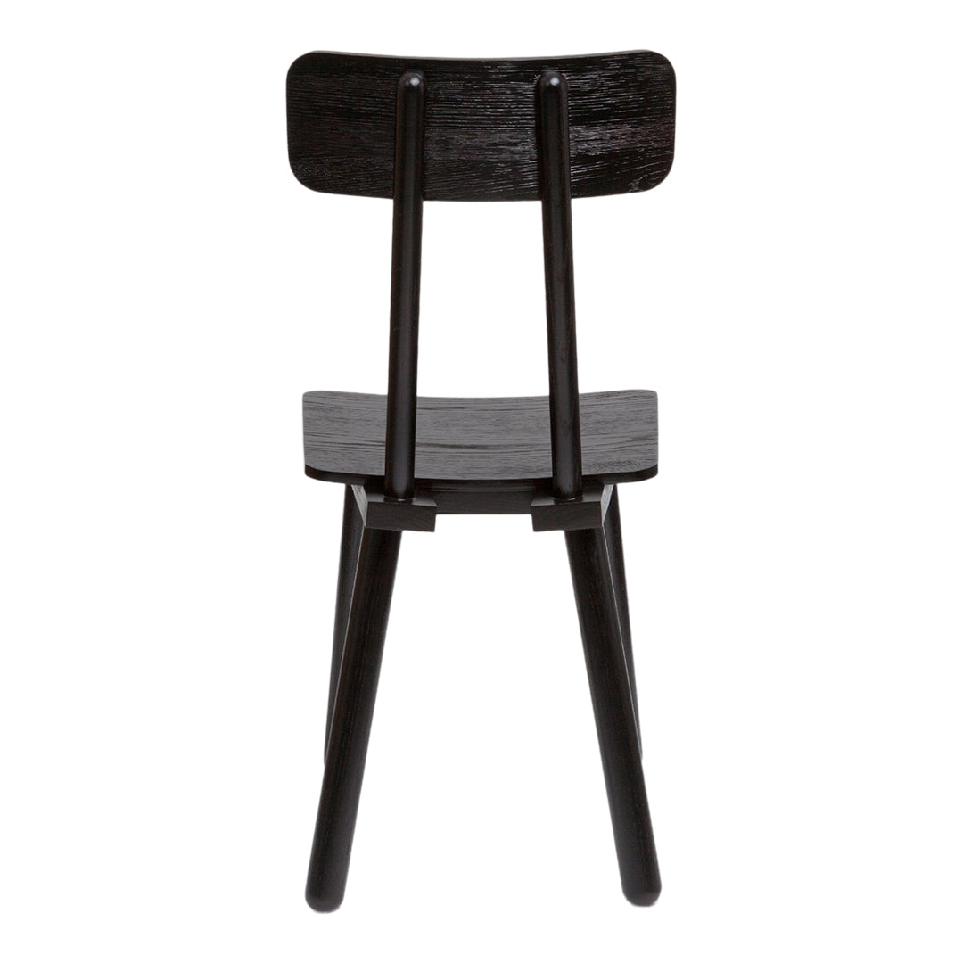 Black wooden chair with a simple, sleek design and straight, tapered legs. Elegant and modern aesthetic.