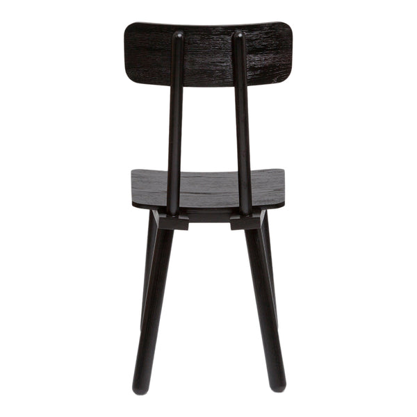 Black wooden chair with a simple, sleek design and straight, tapered legs. Elegant and modern aesthetic.