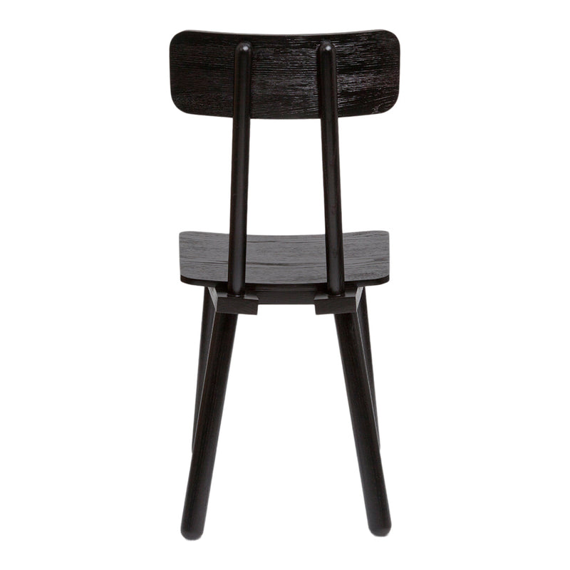 Black wooden chair with a simple, sleek design and straight, tapered legs. Elegant and modern aesthetic.